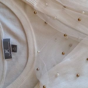 JM Collection Sz XL White Top/Sleeves with Silver Gold and Pearl Accents